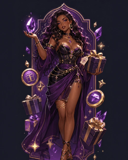 Purple-and-gold event guardian created for Drops and Events