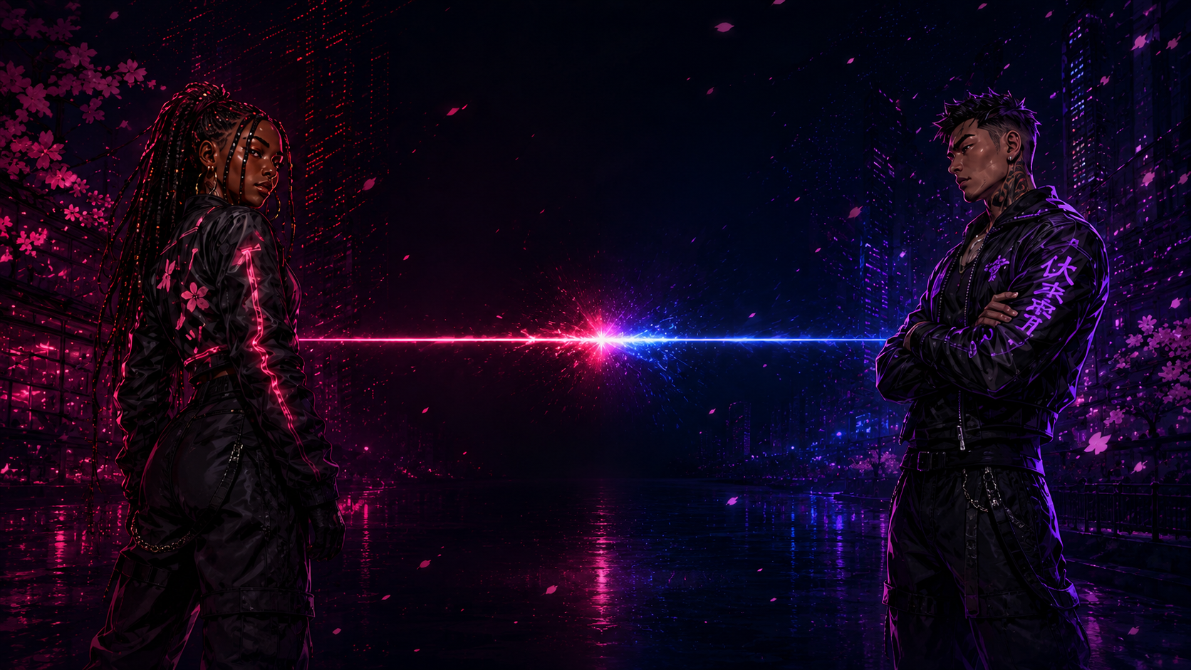 Two neon Sakura rivals facing off at night